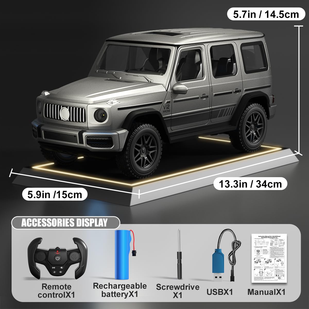 fisca Off-Road Remote Control Car, 1:14 Scale RC Off-Road Toy Car, Doors Open/Sound and Light, 2.4G Electric Jeep Simulation Induction Remote Control Car Light Music Gesture Induction Toy RC Truck
