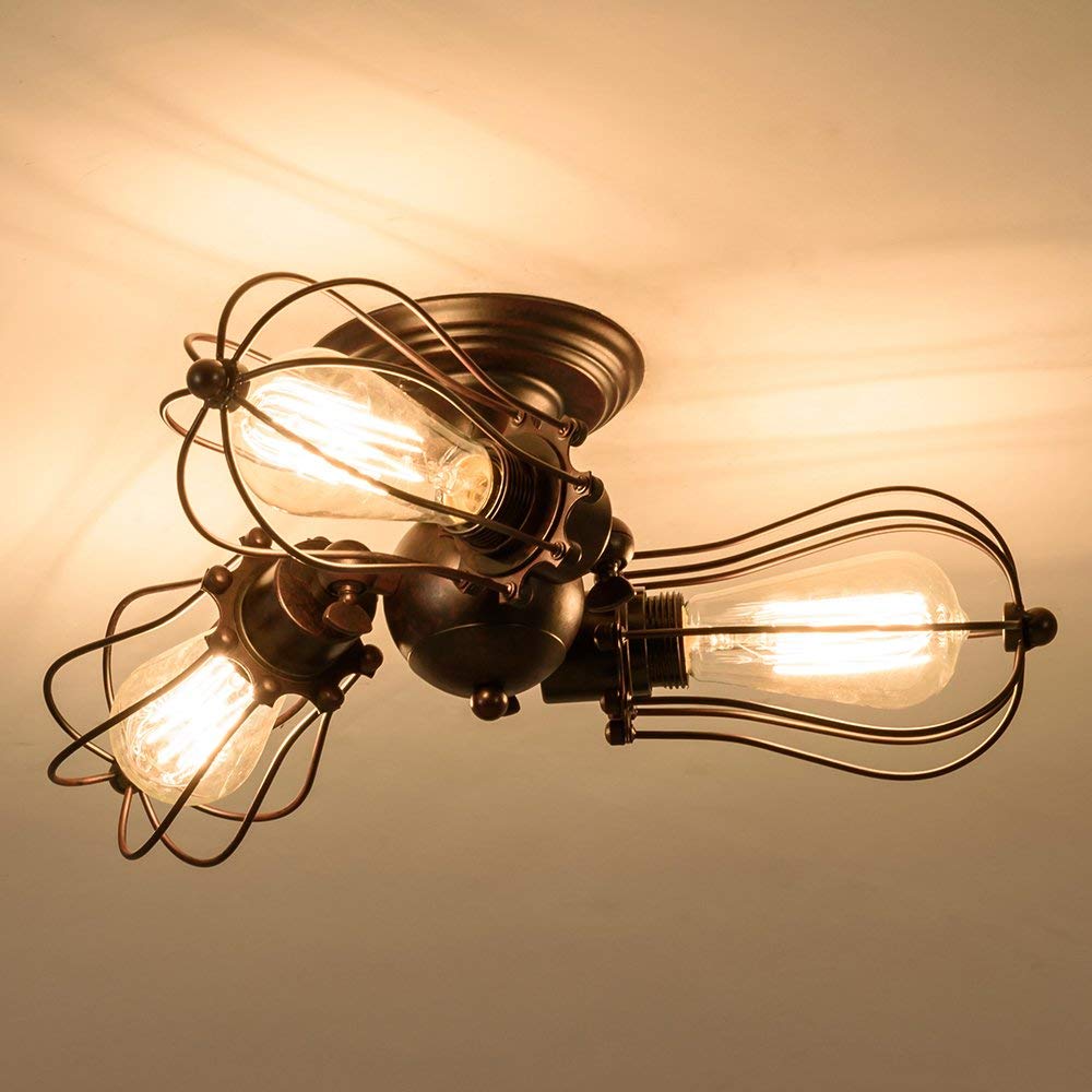 Vintage - Lampada da soffitto industriale a portalampada regolabile in metallo con attacco metallico a montaggio semi-incassato, plafoniera rustica in metallo (senza lampadina) (con 3 lampadine)