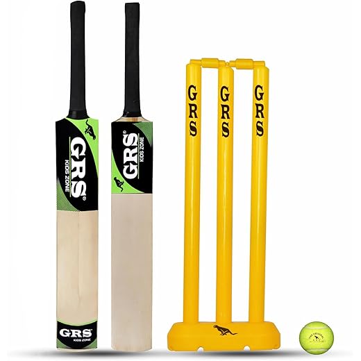 GRS KidsZone Popular Willow Cricket Bat with Wicket Set & 1 Tennis Ball for Kids (Size 3, Age 6-10 Year Old Kids) Multicolor