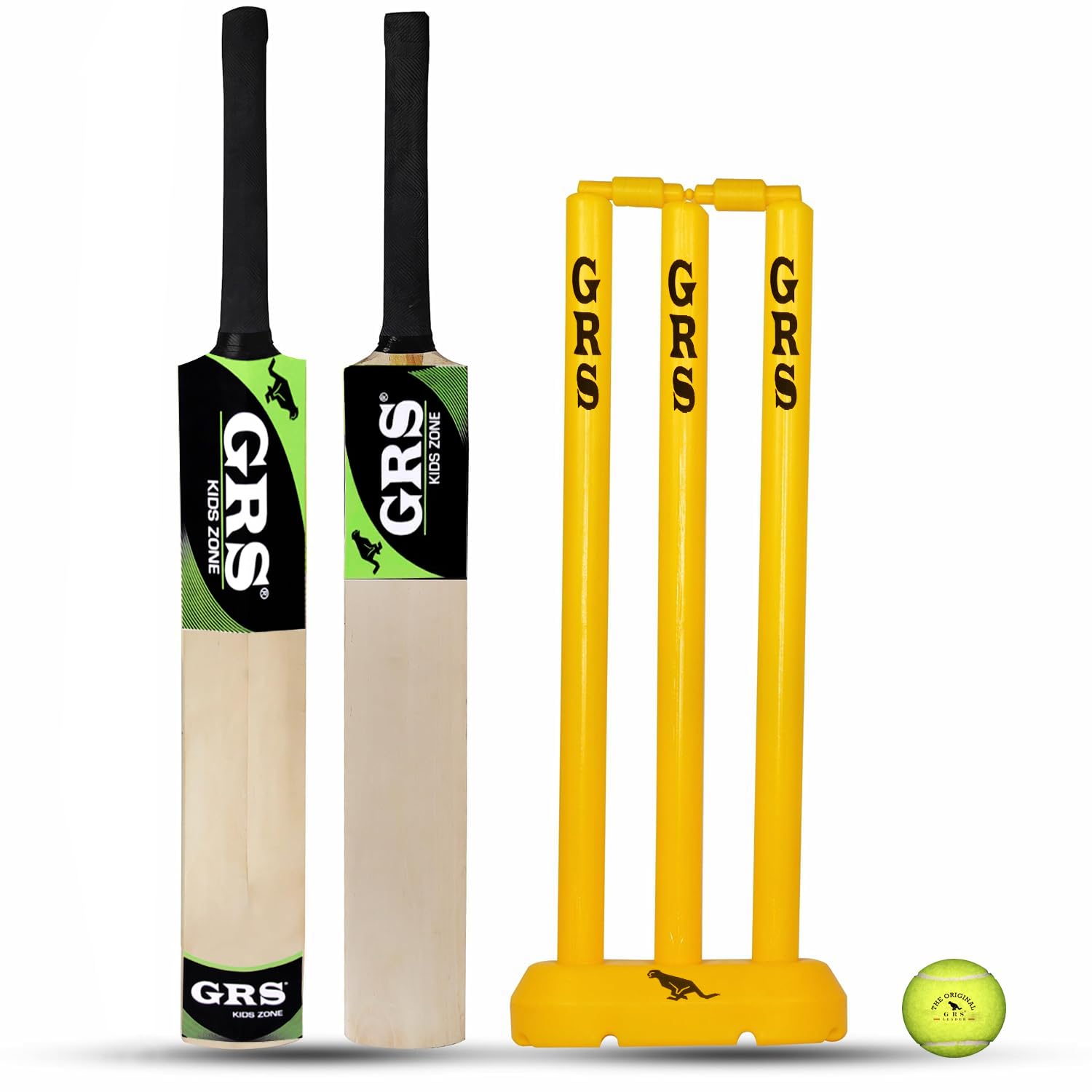 GRS Kids Zone Popular Willow Cricket Bat Wicket Set & 1 Kids Tennis Ball (Size 3, 6-10), Multicolor