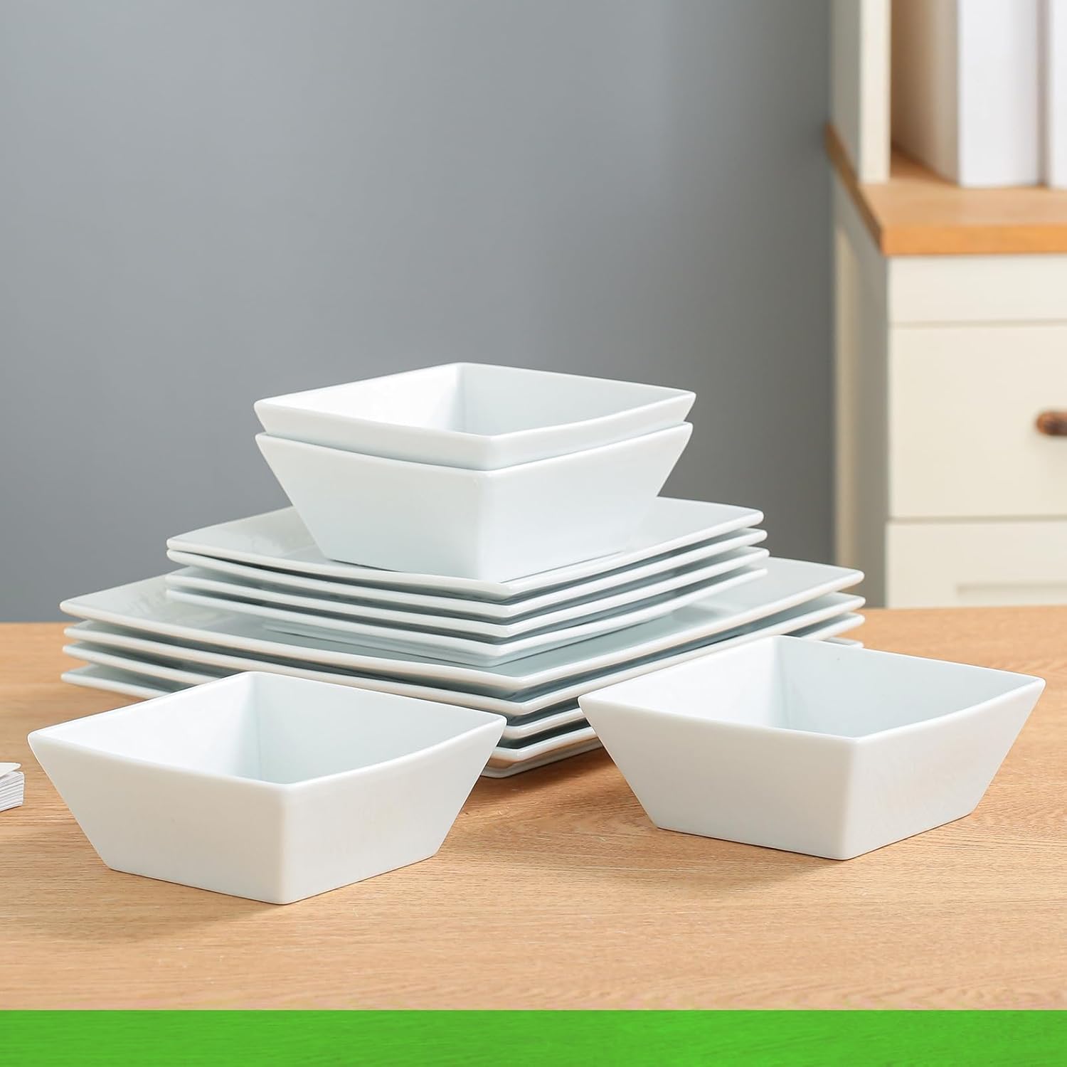 DOMINI 12-Piece Ceramic Kitchen Dinnerware Set, Service for 4, Porcelain Dishes Dinner Set, Square Dinnerware Sets with Dinner Plates, Dessert Plates and Pasta Bowls,Square-White - Image 5