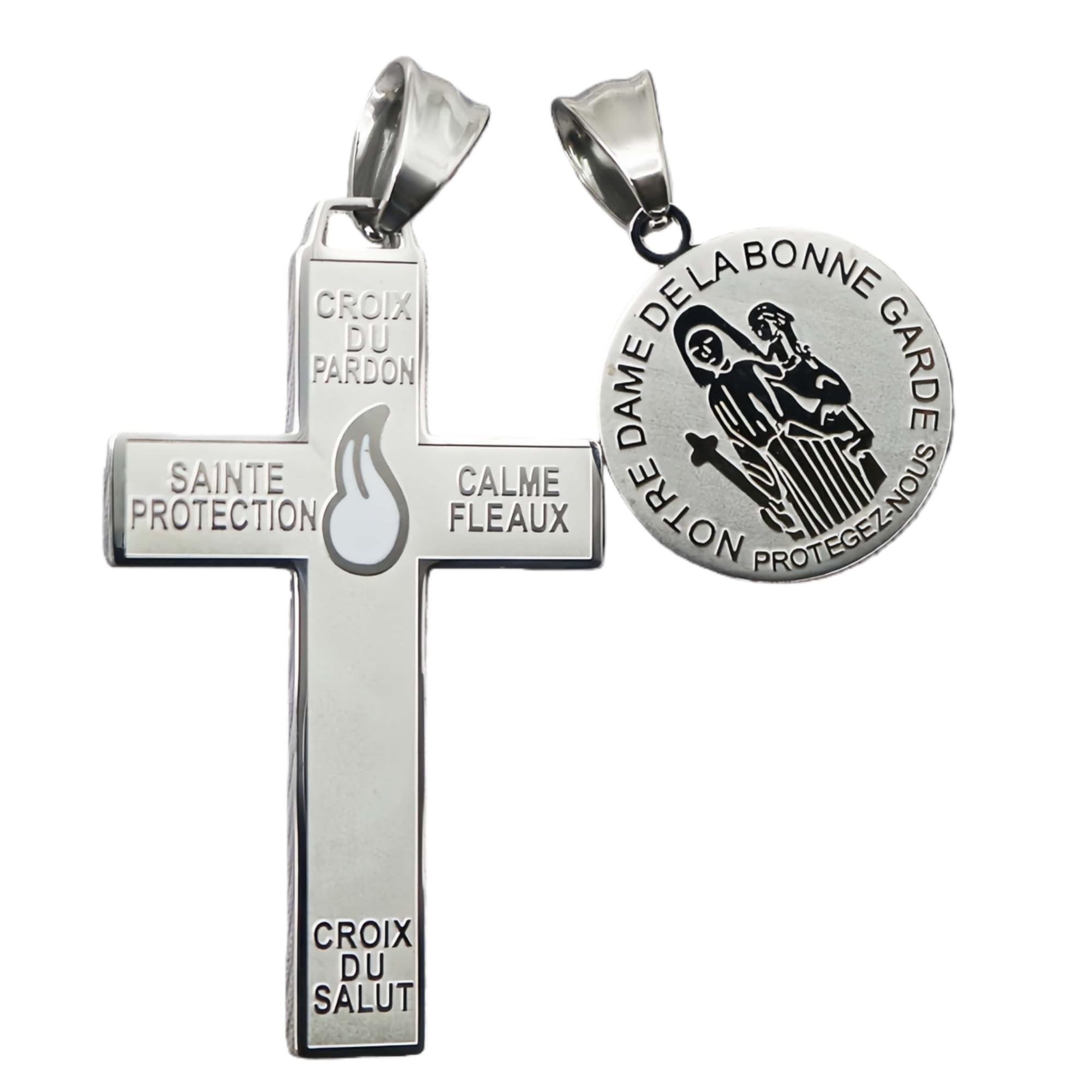 1 par católica Marie Julie Jahenny de Benedicción con cruz de perdón de protección con llama esmaltada blanca y medalla de Nuestra Señora de la Buena Guardia, cruz del perdón