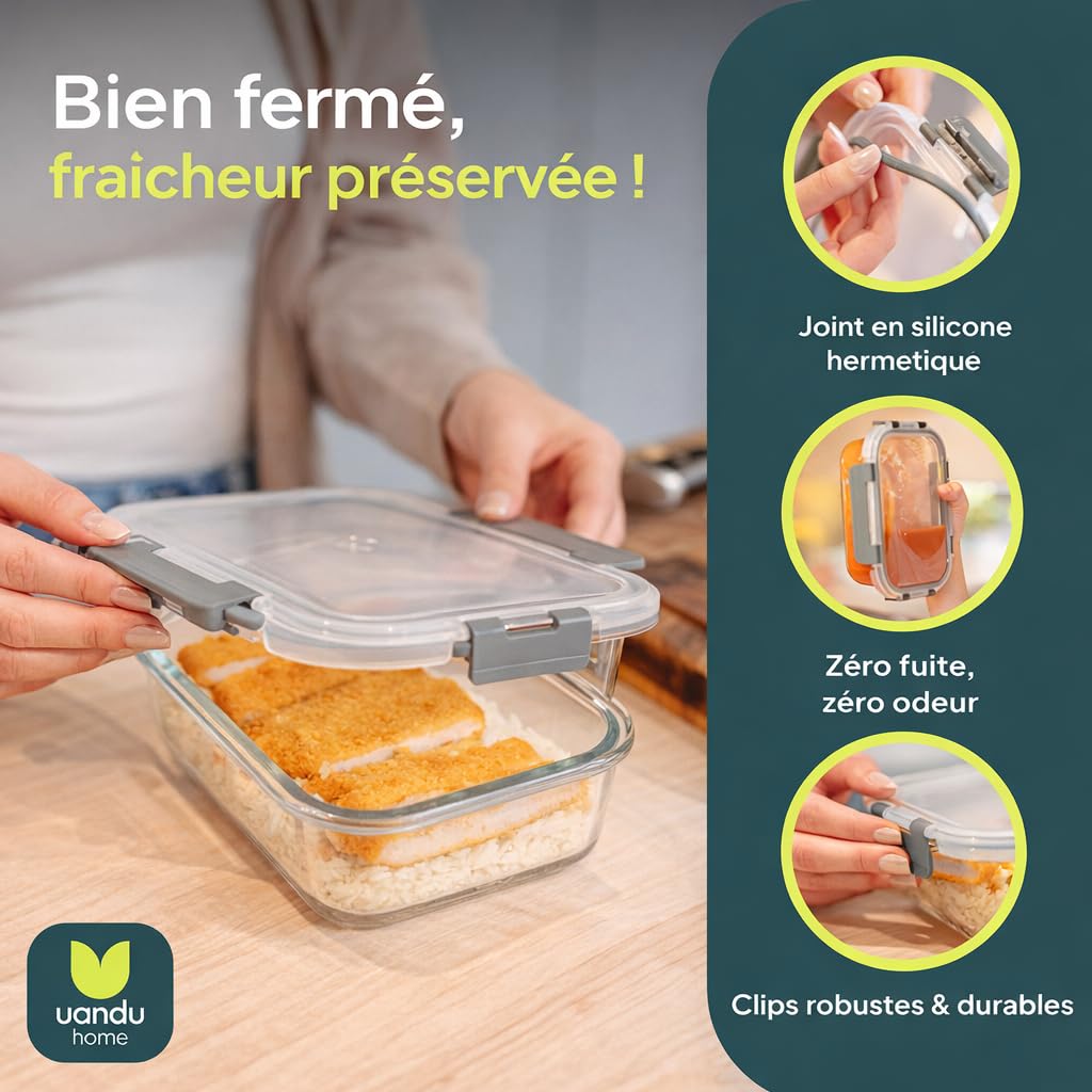 Uandu Lot de 10 Boîtes Alimentaires en Verre Hermétiques avec Couvercle, Verre Borosilicate, Idéal pour les Repas et le Meal Prep, Sans BPA, Compatible Micro-ondes, Four, Congélateur et Lave-vaisselle