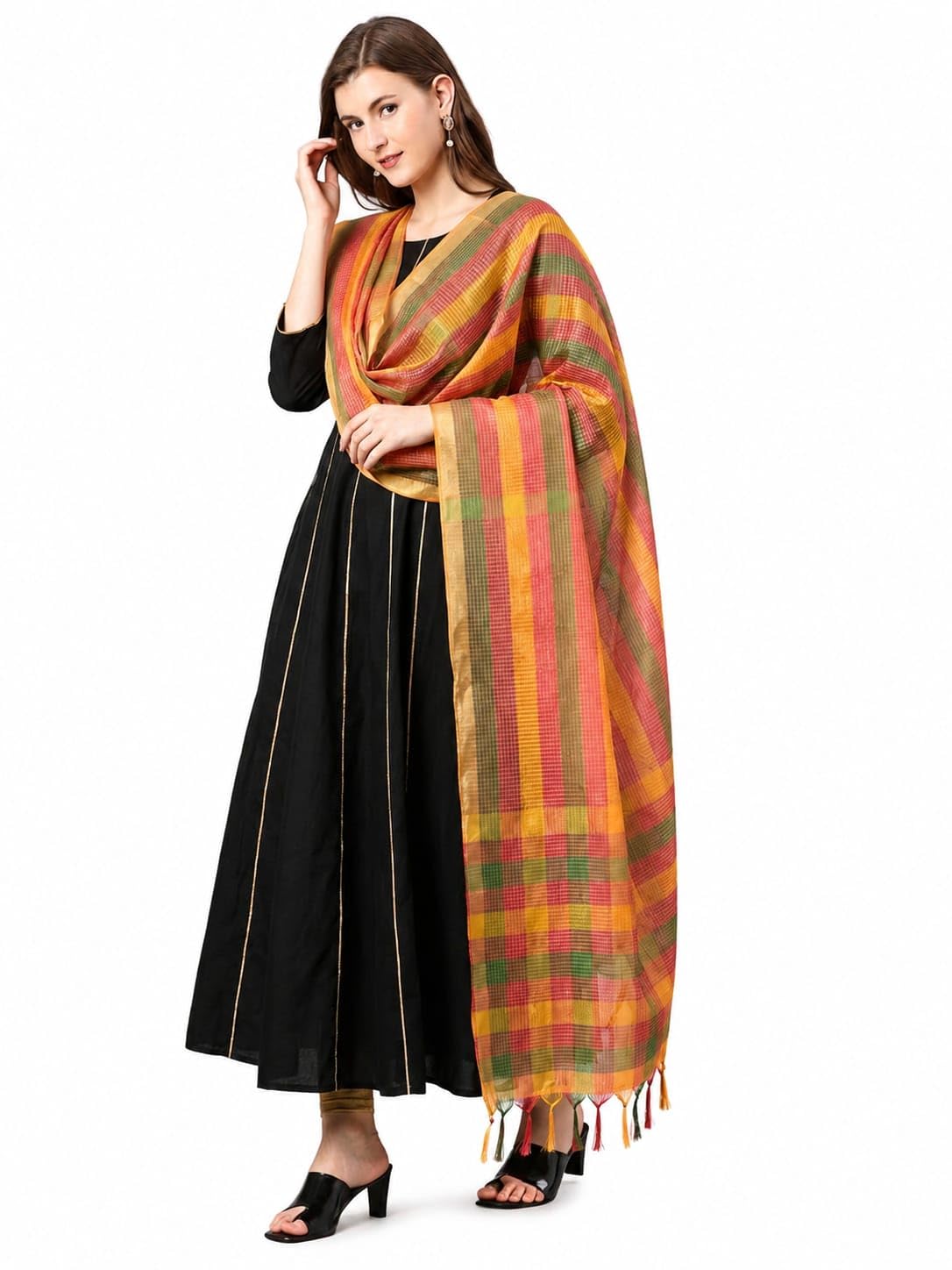 Banarasi Chanderi Silk Multicolor Check Dupatta with Zari Border-image-6