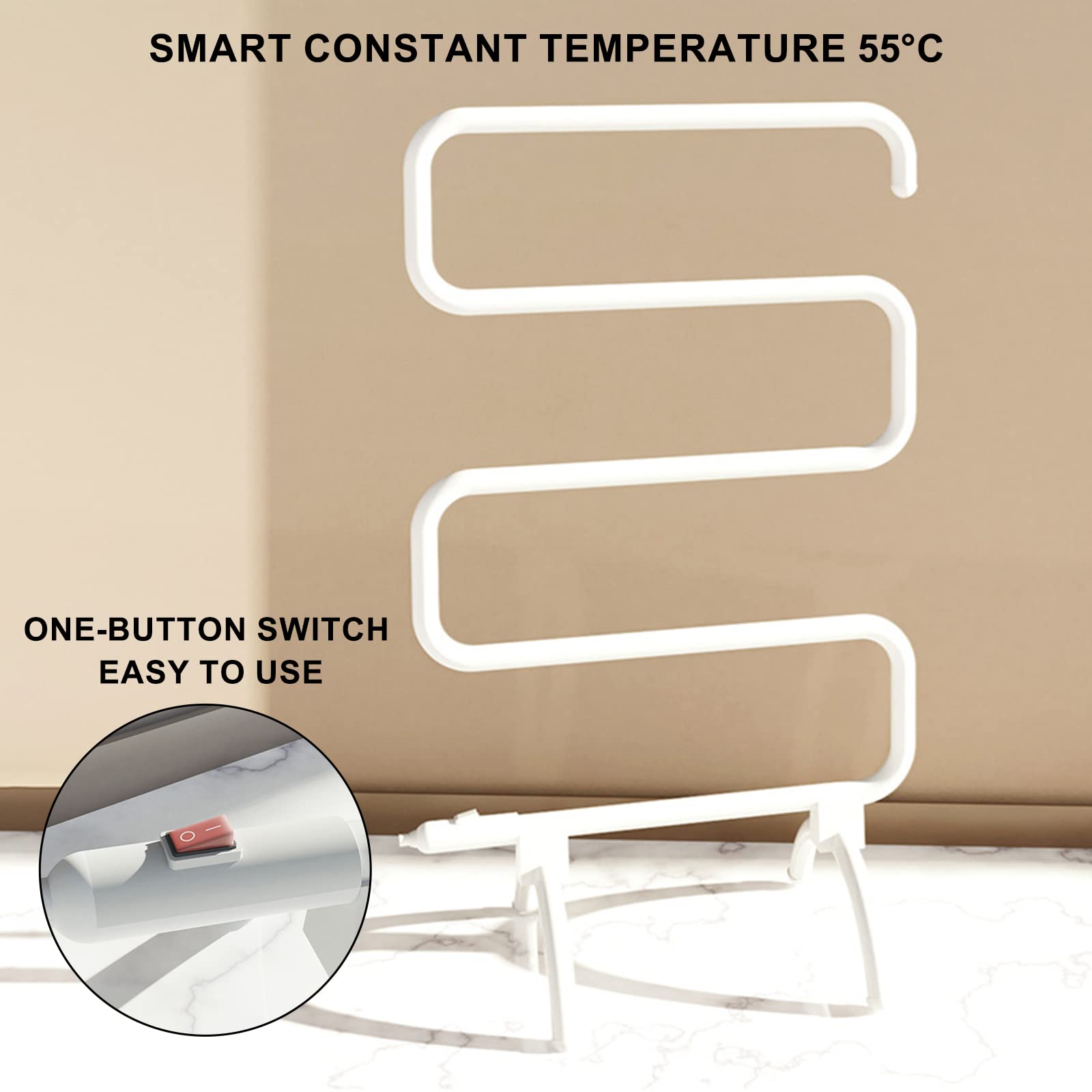 Portasciugamani riscaldato, Scaldasalviette elettrico, Asciugatrice da pavimento e parete da 100W, Interruttore a un pulsante 55℃, Risparmio energetico, Impermeabile, Portasciugamani 2 in 1