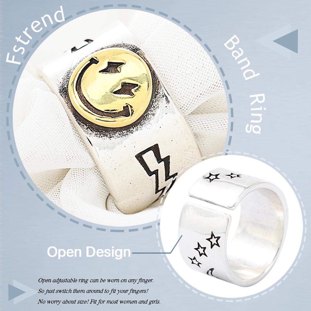 Fstrend Smiley Face Ring Vintage Stainless Steel Rings Retro Statement Band Adjustable Smiling Open Ring Jewelry for Women and Girls（Gold）: Clothing, Shoes & Jewelry