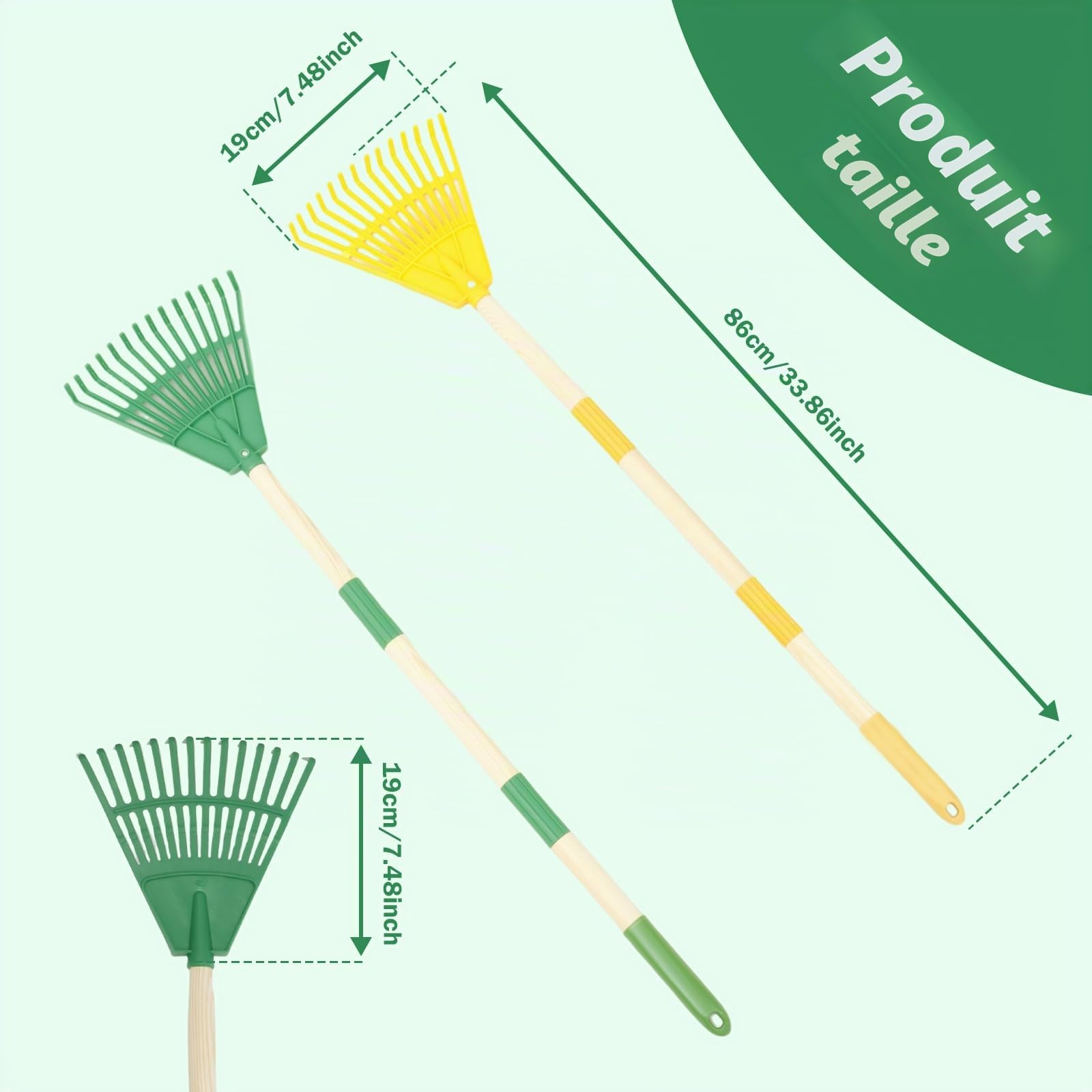 Lot de 2 râteaux à feuilles pour enfants avec 14 dents et manche en bois naturel de 67 cm - Balai à gazon amovible - Longueur totale : 86 cm (jaune et vert)