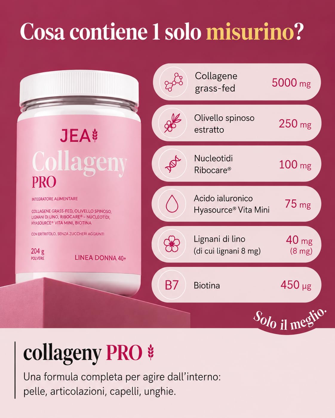JEA Collageny Pro Collagene Idrolizzato Grass Fed in Polvere con 2 Brevetti Esclusivi Hyasource Vita-Mini® Acido Ialuronico e Ribocare® Nucleotidi, Senza Zuccheri Aggiunti