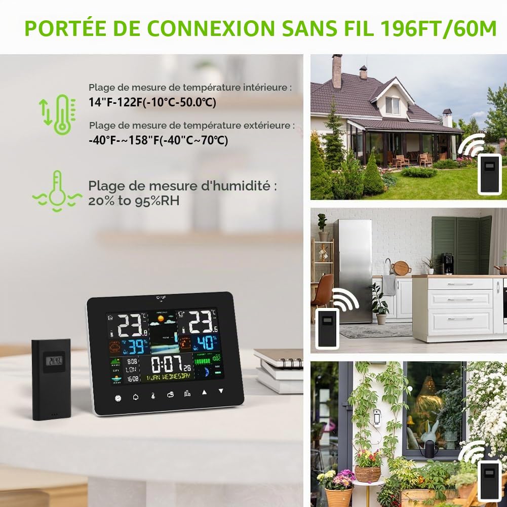 OFFCUP Station Météo Professionnel Sans Fil, Thermomètre Numérique avec Capteur Exterieur Interieur, Écran LCD Couleur Hygromètre Baromètre Prévisions Météo 8 Heures pour Maison, Jardin