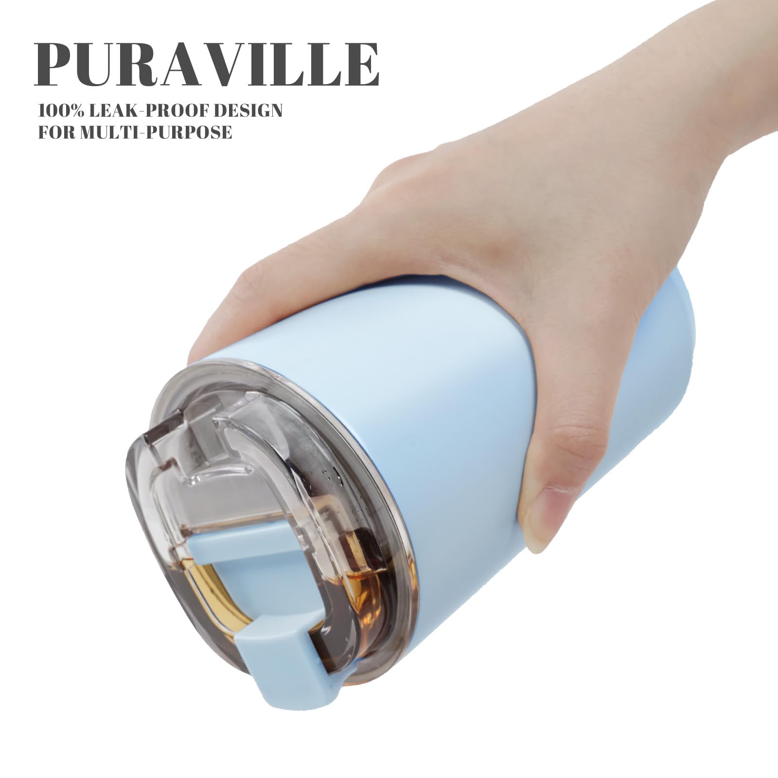 Puraville Isolierte Trinkgläser mit Deckel, 400 ml, Reise-Kaffeebecher, Edelstahl-Vakuumbecher, auslaufsicher, doppelwandiger Kaffeebecher für Eis- und Heißgetränke, Rosa und Hellblau, 2 Stück