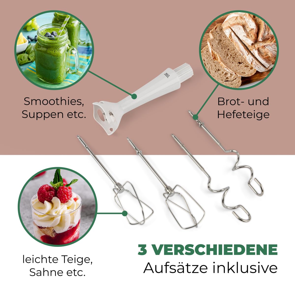 Clatronic® Mikser ręczny | mikser ręczny i ręczny w jednym, mieszadło ręczne z mocnym silnikiem o mocy 300 W, mieszadło z 5 stopniami prędkości, poziom turbo i przycisk wyrzutu, HM 3524