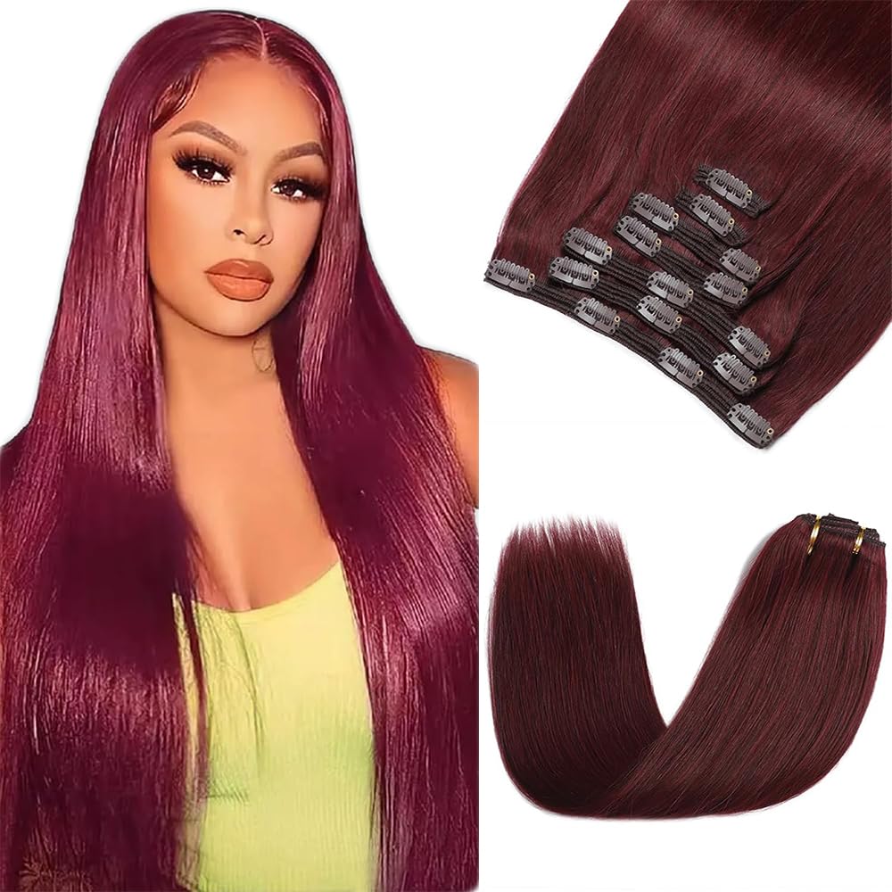 Photo 1 of #99J Burgundy Clip in Hair Extensions - 28 Inch Real Remy Soft Wine Red Human Hair, 120g 7pcs,Burgundy Human Hair Extensions Clip ins for Women