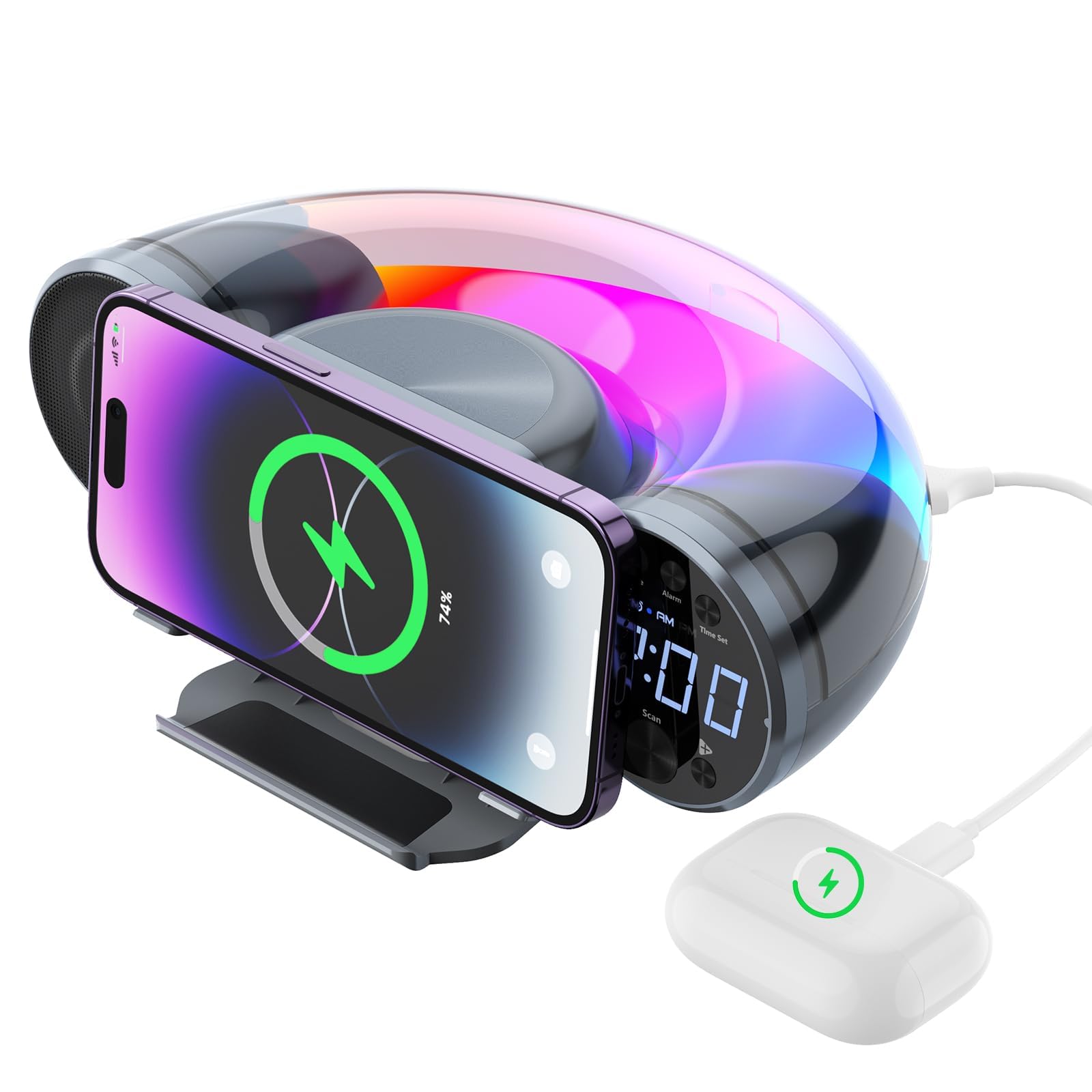 Digital Alarm Clock FM Radio Bluetooth Speaker - 10W Fast Wireless Charger Station & USB Port & TF Card Slot - Soothing White Noise, Volume Control, Ambient Light Full Brightness Dimmer