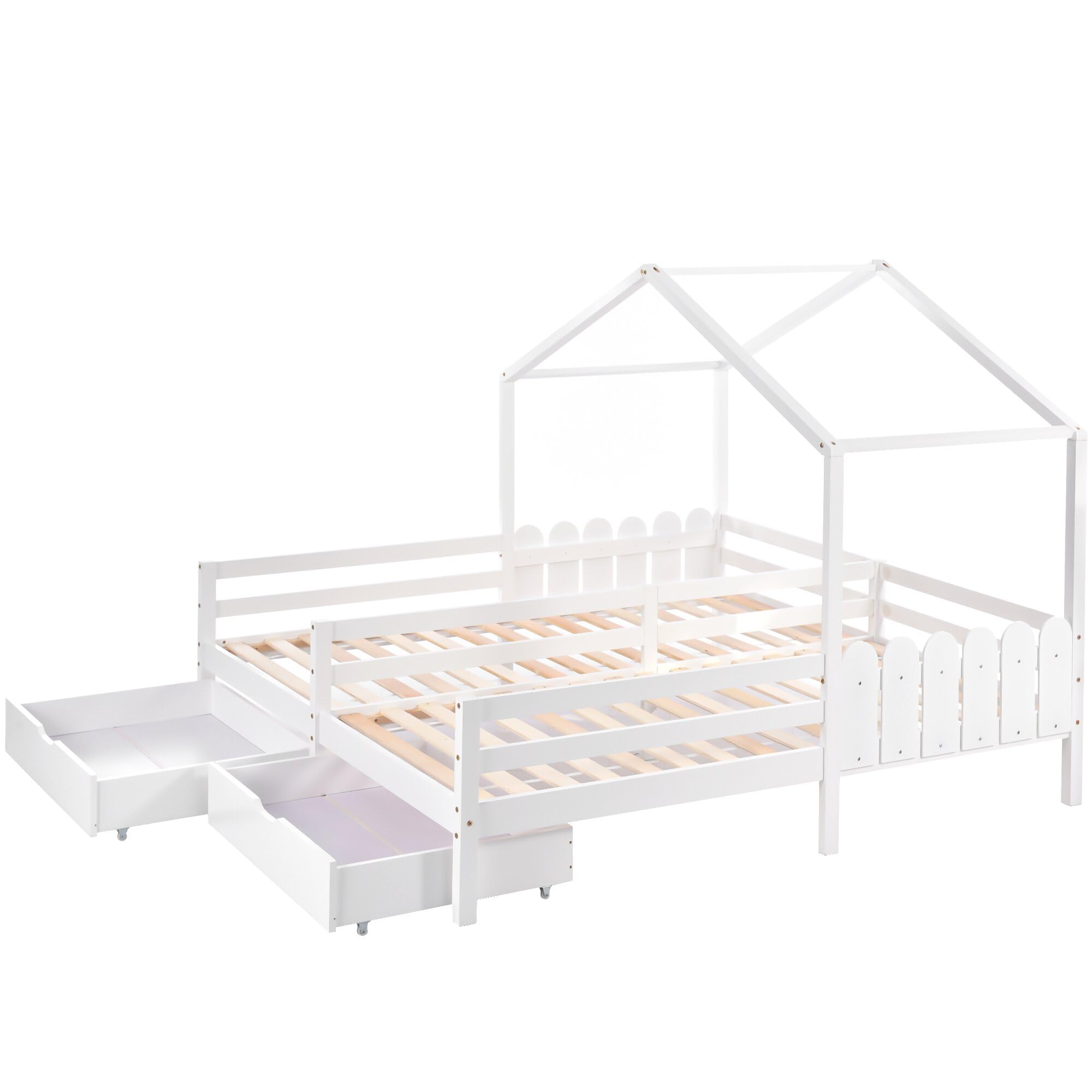 TIZZ Cama infantil, cama doble, cuna con 2 cajones de MDF, cajones con ruedas, somier de láminas de pino, blanco (90 x 200 cm)