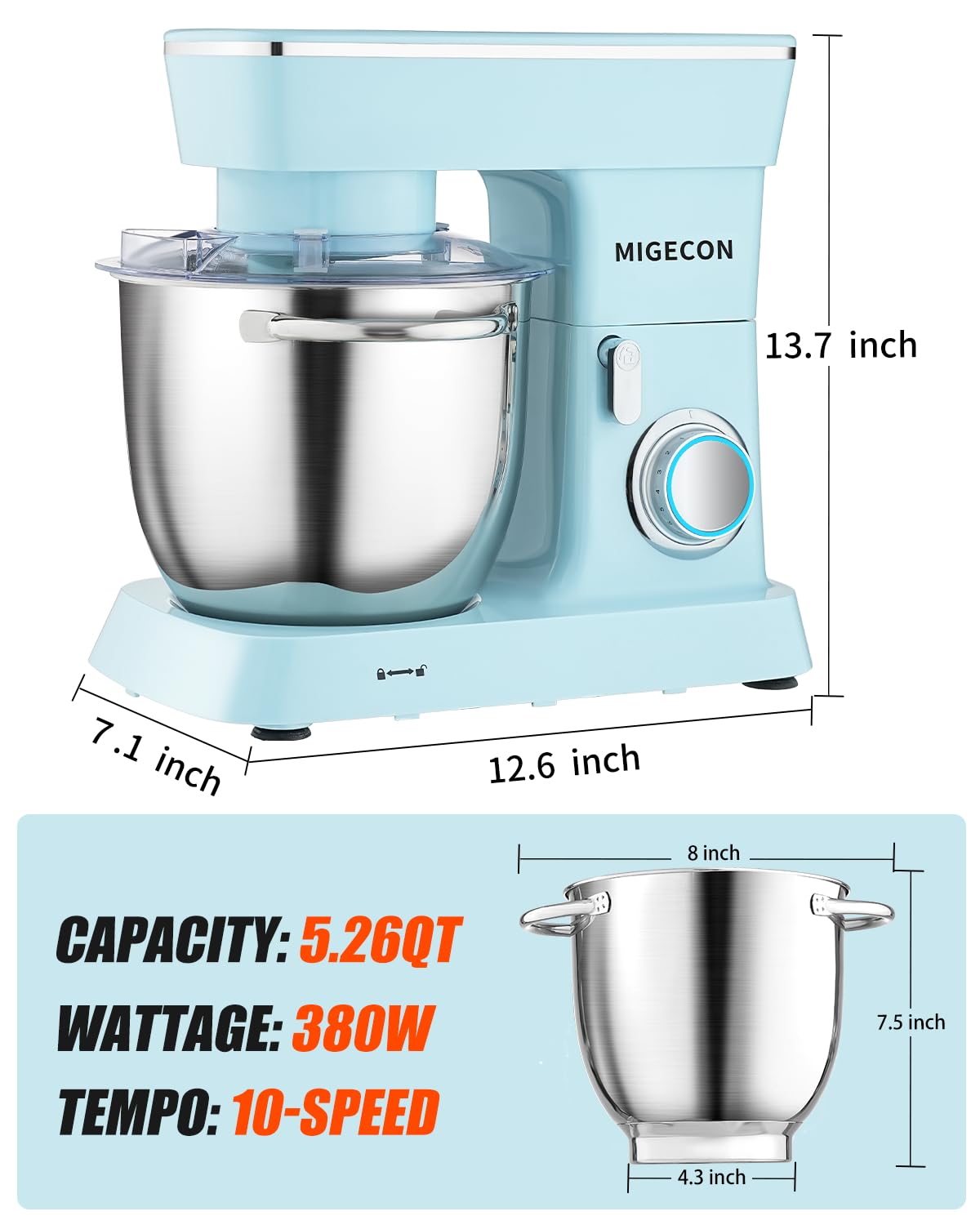 MIGECON Stand Mixer,Electric Food Mixer, Dough Hook, Flat Beater Attachments, Splash Guard 10 Speeds with Whisk, 5.26 QT Blue