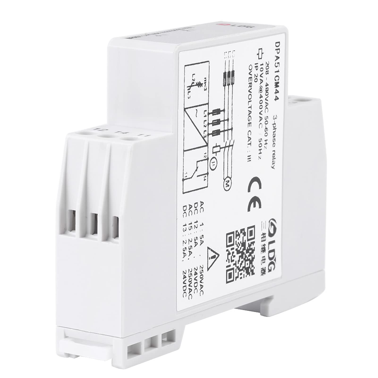 Ultimo relè di monitoraggio trifase DPA51CM44, protezione della sequenza di fase del relè di monitoraggio corrente/tensione per sistema trifase, senza neutro, perdita di fase e sequenza di fas