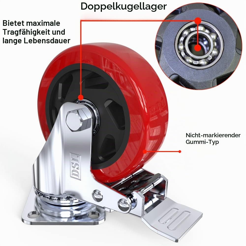 4 x Heavy Duty doppelt Kugellager gebremste Lenkrolle 100 mm Gummi Rad Trolley Caster 700 kg gratis Armatur (100mm (4'') - 4 x Brakes)