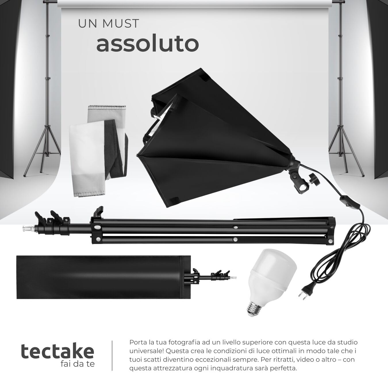 tectake® Luci da Studio Fotografico, Set Fotografico Portatile, Luce per Foto, 1 Stativo per Luci, 1 Lampada, 1 Softbox, Supporto in Alluminio, 1 Borsa per Trasporto – Nero