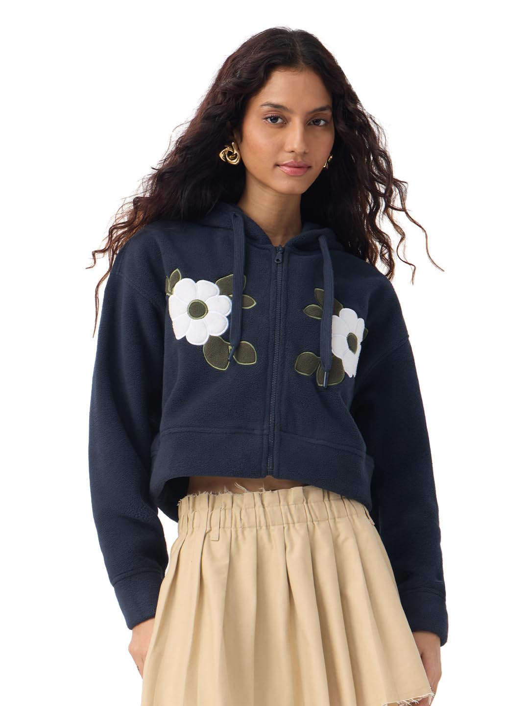 the souled store Polar Fleece Hoodies: Mystic Bloom Women and Girls Long Sleeve Hooded Neck Navy Blue Floral Applique Polyester Oversized Cropped Hoodie-picture-42