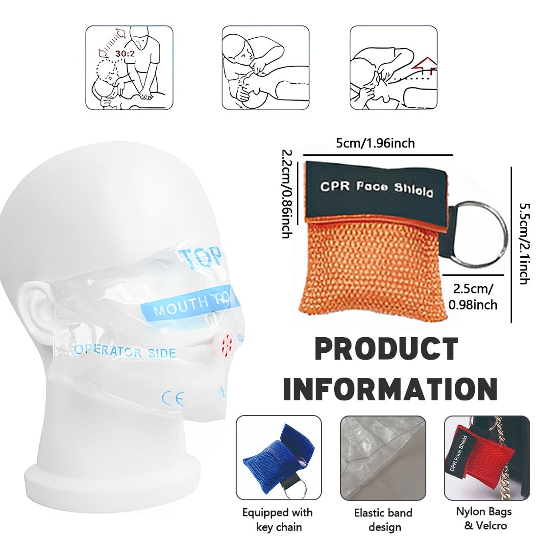 5 Pz Maschera di respirazione Portachiavi RCP Face Shield di Primo Soccorso Maschere respiratorie per Adulti e Bambini, Panno di Emergenza per Il Primo Soccorso o addestramento AED