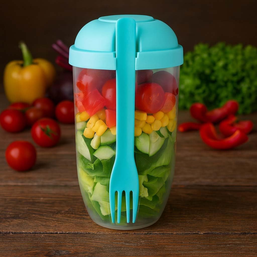 Salad Shaker Cup Container for Lunch – Portable Fresh Salad Cup Keep Fit Food Dressing Bottle Container, Breakfast Vegetable Fruits Jar Holder to Go Meal for Lunch, Green Pods with Lid and Fork