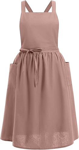 Miniatura 5 de OBEEII Delantal de lino de algodón para mujeres y niñas, vintage, para hornear, cocinar, jardinería, trabajo, delantal, vestido con bolsillos