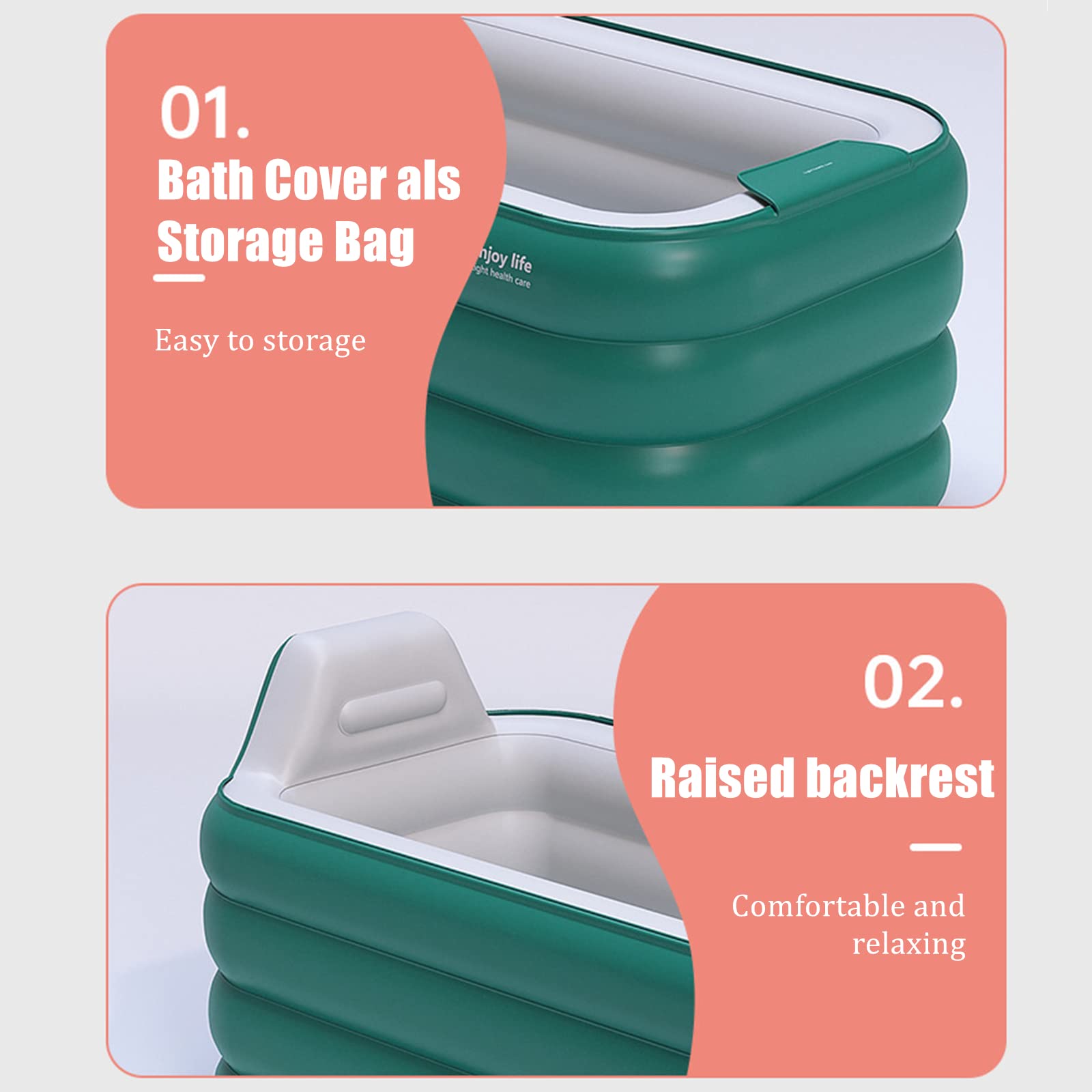 Baignoire gonflable automatique pour adultes - 160 x 94 x 64 cm - Baignoire en PVC avec coussin de nuque - Charge maximale : 100 kg - Portable et pliable - Baignoire pour bain d'eau chaude (vert)