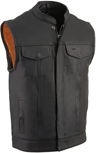 Milwaukee Leather MLM3510 - Chaleco de cuero negro de alta calidad para hombre, estilo club, doble cierre, cuello abierto, chaleco de motociclista,