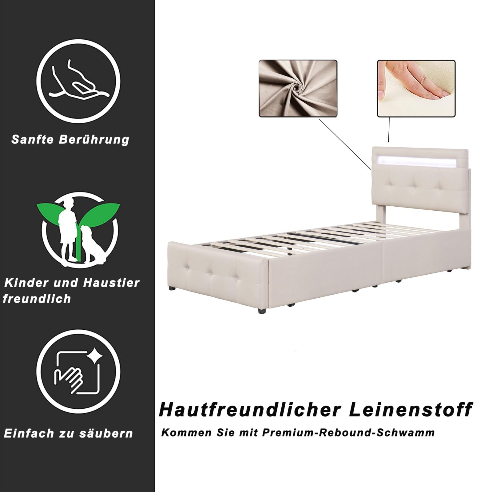 Letto Singolo Imbottito KOMHTOM 90x200 Cm Con Testiera Regolabile E 2 Cassetti Contenitore - Grigio