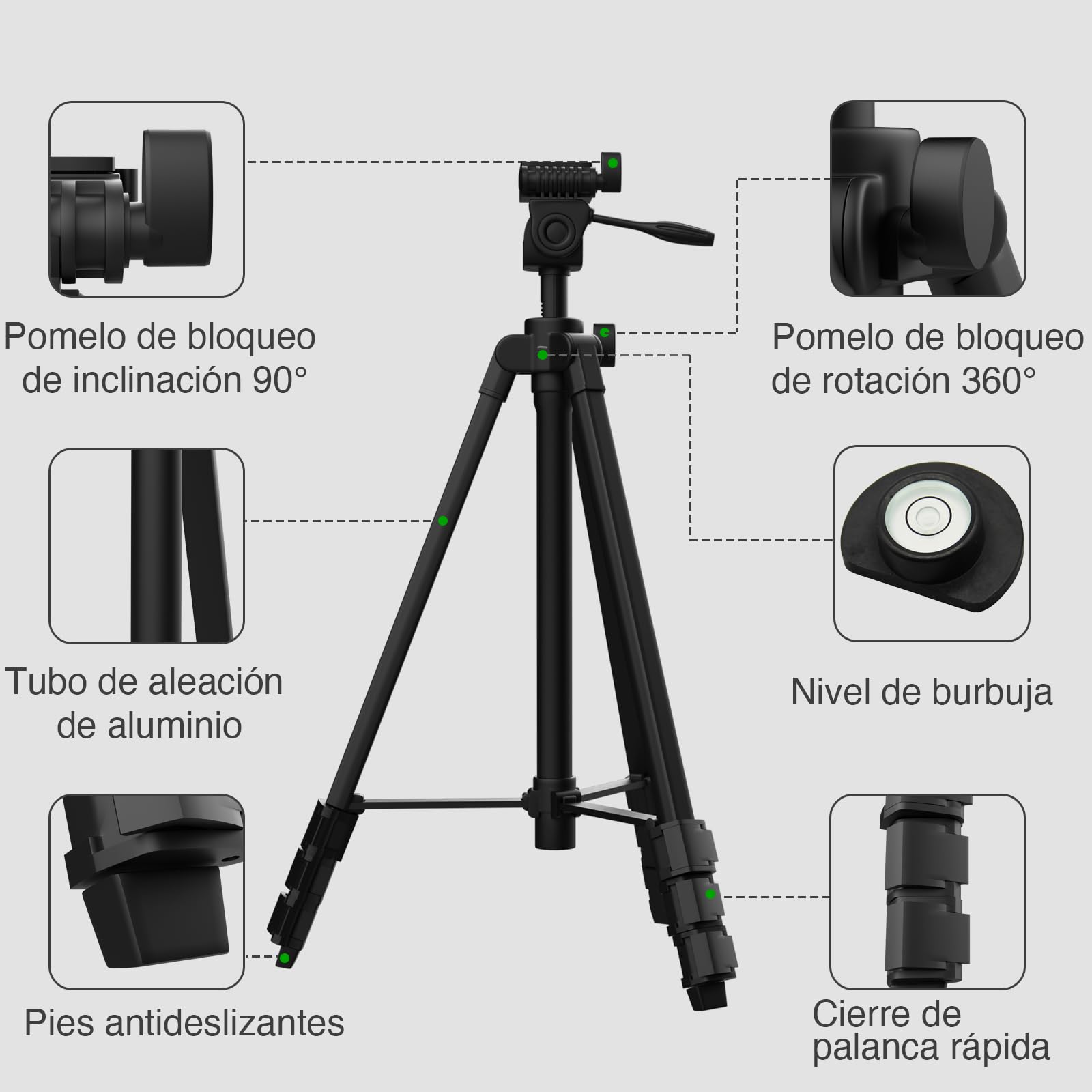 Trípode de Nivel Láser de Aluminio Ligero 137 cm con Nivel de Burbuja y Placa de Liberación Rápida para Líneas de Nivelación