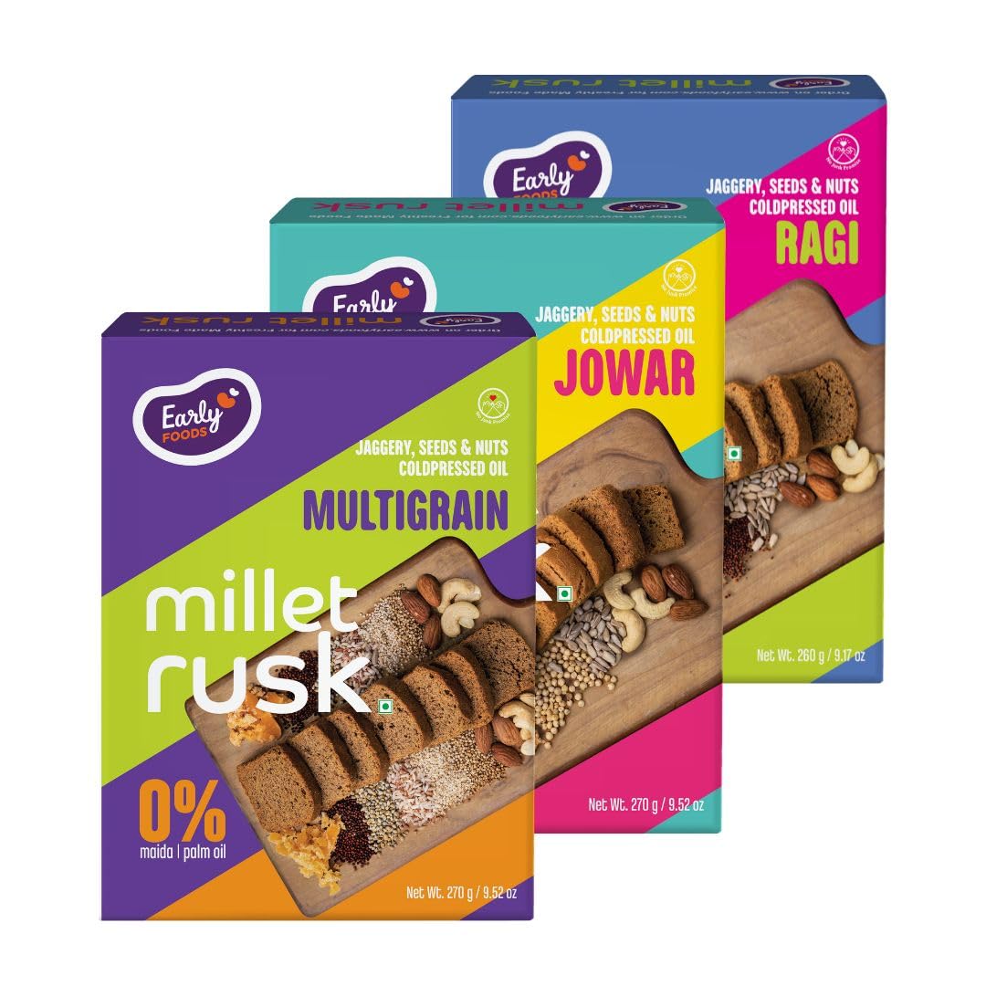 Early Foods - Pack of 3 : Ragi, Jowar & Multigrain Rusks | Millet Rusk Sugar Free | No Maida Toast | Rusks for Kids | Millet Toast Biscuits