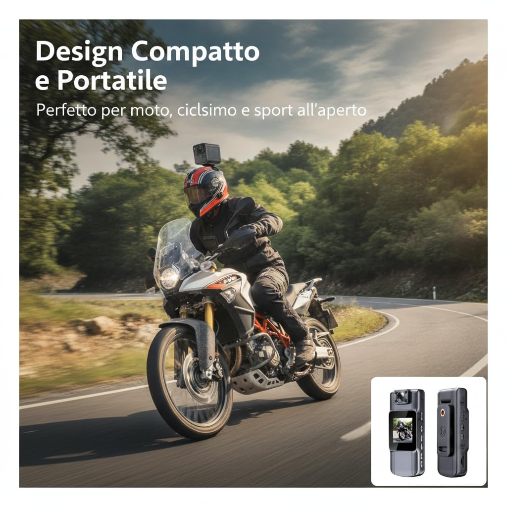 Telecamera wireless per il corpo, videocamera da casco per moto, Smart Camera HD 1080P con obiettivo rotante a 180°, registratore esterno wireless per ciclismo e motociclismo, schermo da 1,54 pollici