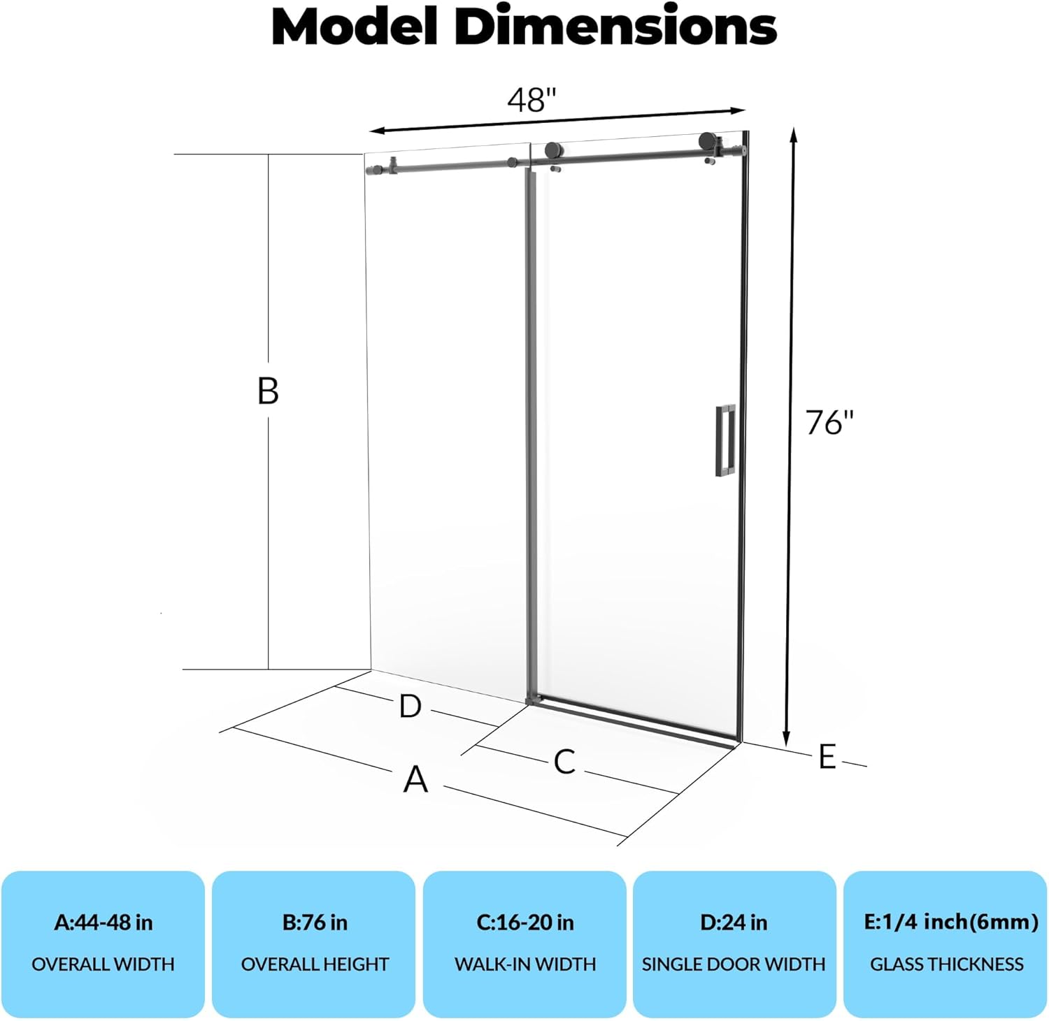 Frameless Sliding Shower Door – 44-48" Adjustable Width x 76" H, 6mm Clear Tempered Glass, Easy-Clean Coating, Matte Black Stainless Steel Round Rail, Durable Modern Bathroom Design,