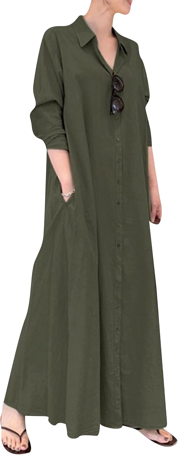 Women's Cotton Linen Shirt Long Sleeve Button Down Maxi Dress with Pockets