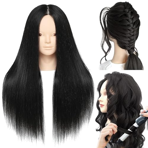 NAYOO Cabeza de maniquí negra con cabello y soporte, maniquíes de cabello 60% real para practicar, cabeza de muñeca para peinar el cabello, cabezas