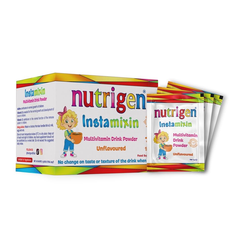Nutrigen Instamixin unflavoured multivitamin Drink Powder for Children to add Vitamins Instantly to Any Drink. 12 Vitamins + 6 Minerals in a Sachet Making Daily Vitamin Intake Easy 30 sachets