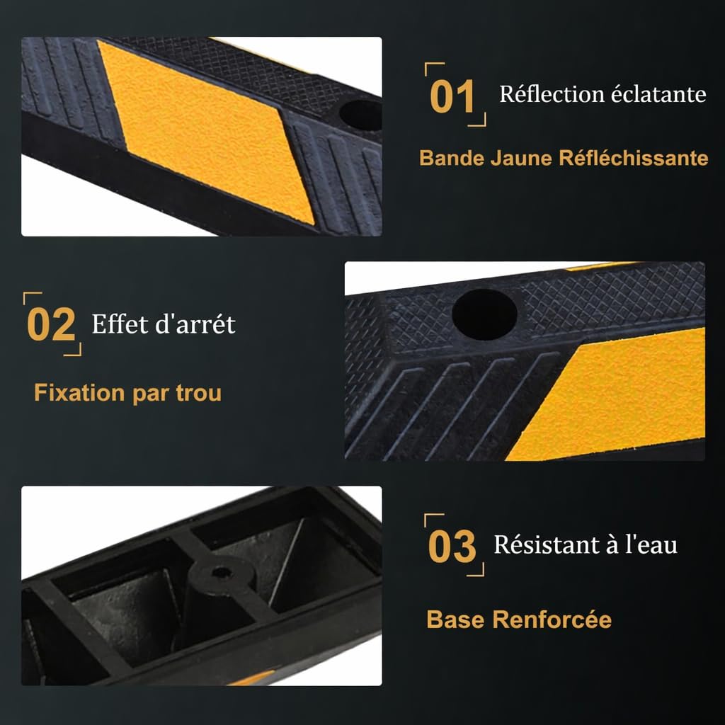 Curb en Caoutchouc, Bouchons de Stationnement Robustes Noirs avec Bandes Réfléchissantes Jaunes pour Arrêt de Roue, Marquage de Stationnement, Arrêt de Garage