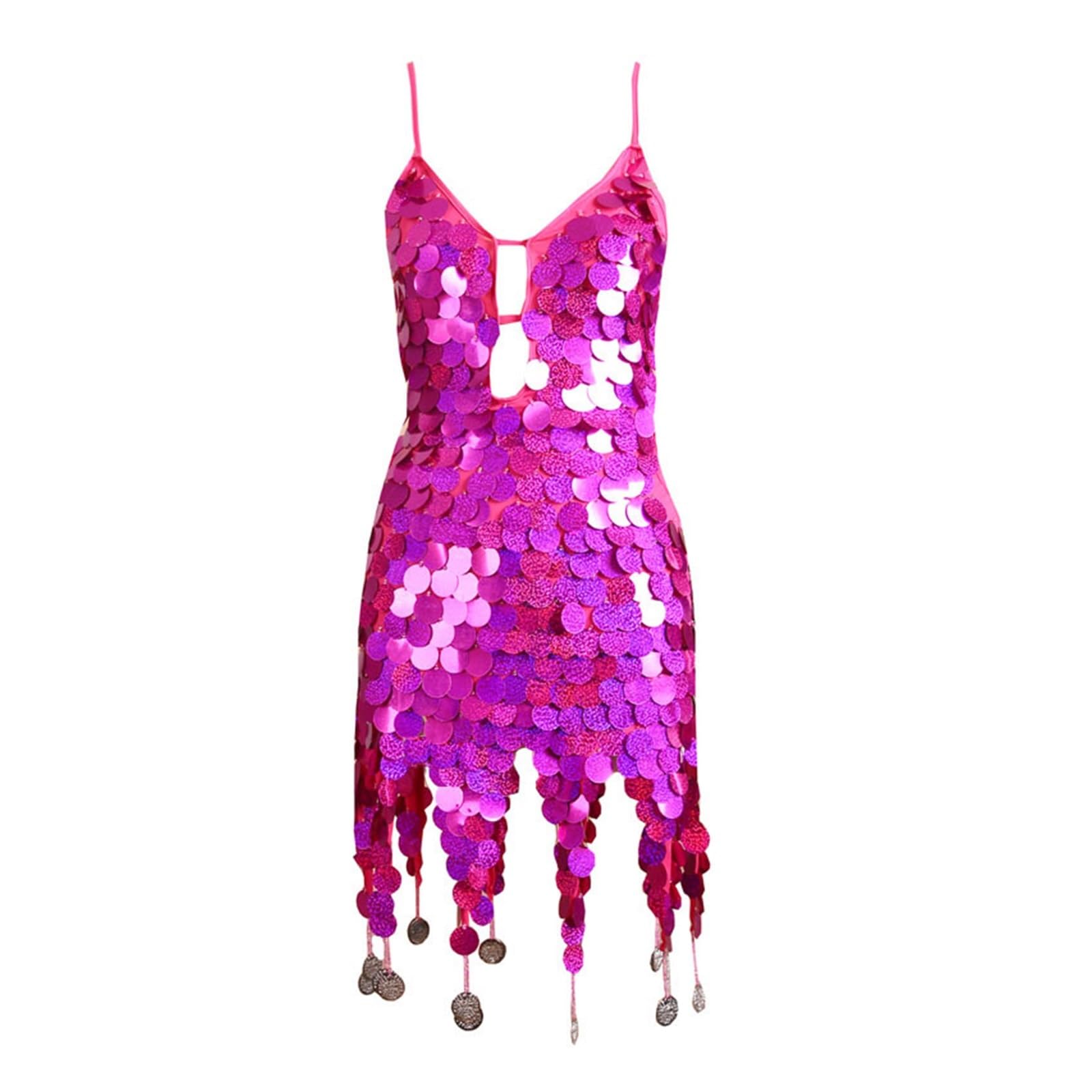 LNNXSZ Sequin Fringe Dress Women Sequin Fish Scales Tassel Dress Belly Dance Performance Sparkly Dress Festival Clothes Rave Party Costume (Color : Red, Size : One Size)