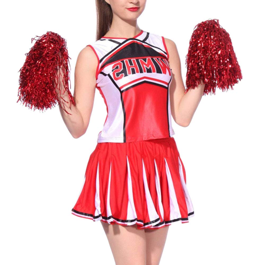 uirend Ladies Cheerleader High School Musical Costume with Pom Poms Red Dress