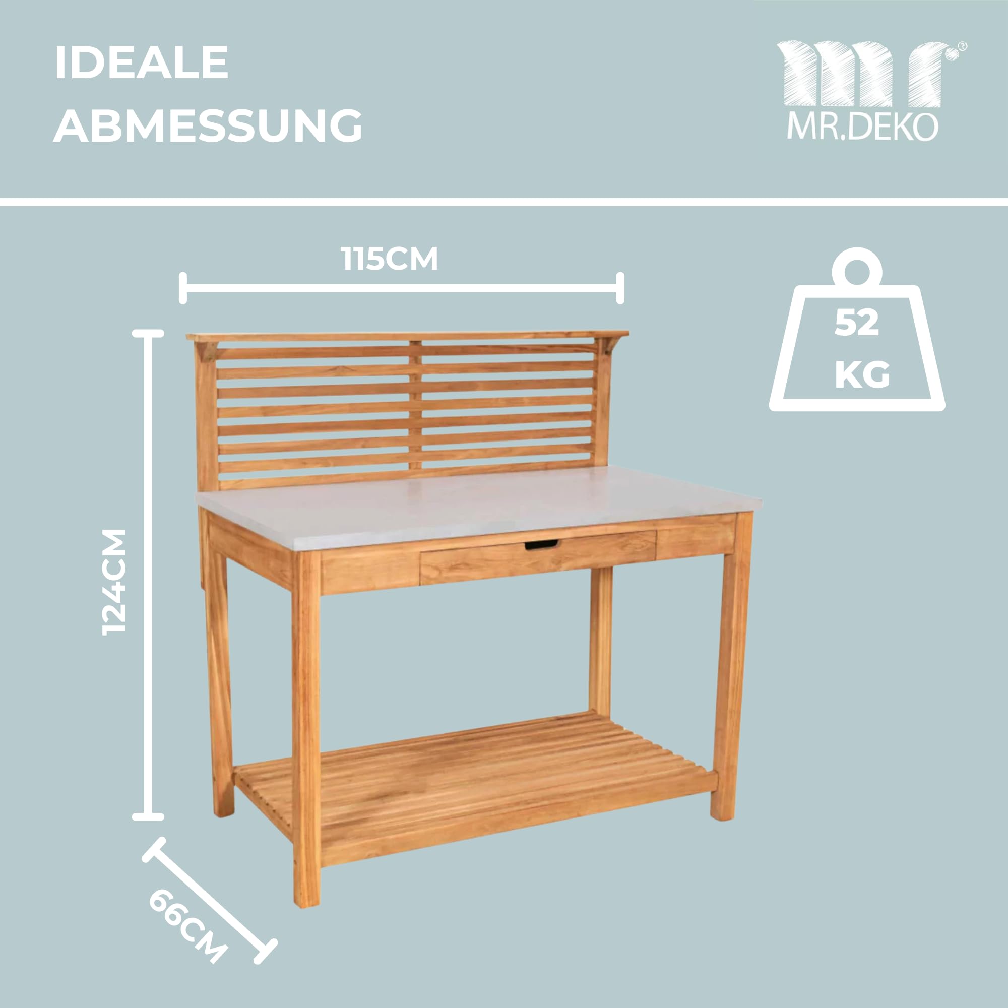MR. DEKO Pflanztisch Hampton Teakholz mit Schublade | Gartentisch Verzinkte Arbeitsplatte Wetterfest | Umtopftisch Garten-Bar | Outdoor-Arbeitstisch Stauraum-Regal | Pflanztisch 115x66x124cm