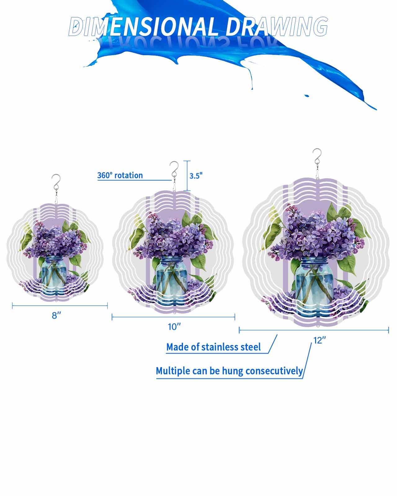 Plant Wind Spinners, Purple Hydrangeas Flower Hanging Wind Spinners for Yard and Garden 3D Stainless Steel Metal Sculptures Crafts Ornaments 12 Inch