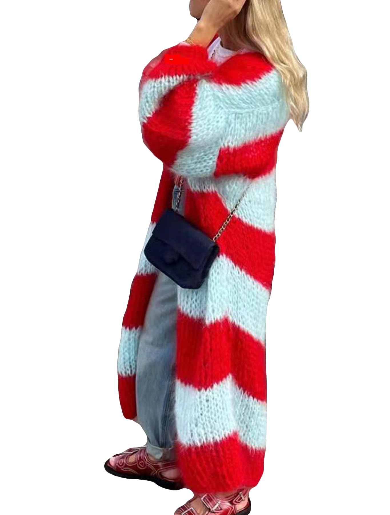 LETSVDO Womens Color Block Long Cardigan Open Front Oversized Striped Knit Slouchy Duster Chunky Sweater Coat