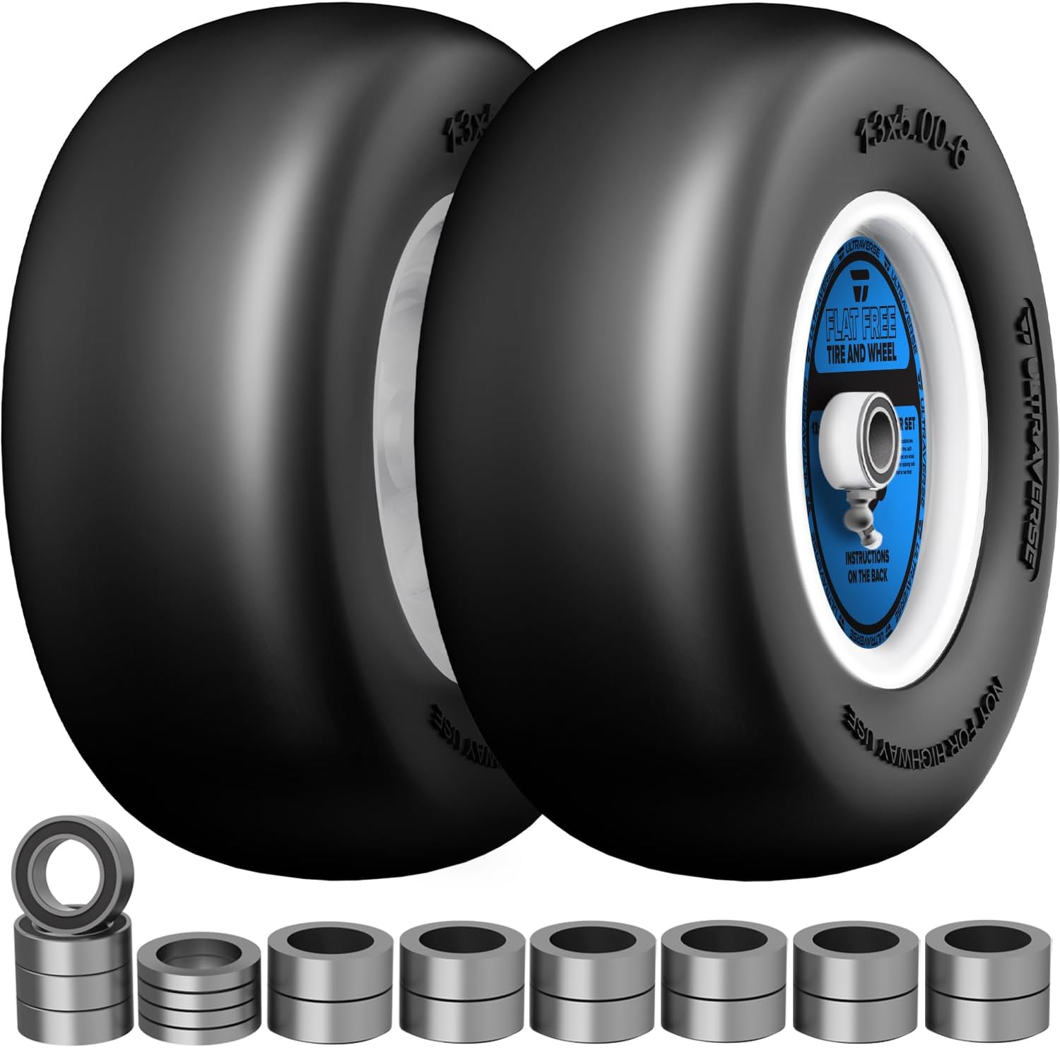 Ultraverse 13x5.00-6.00 Flat Free Lawn Mower Tire And Wheel, Front Zero-Turn Solid and Smooth Tire with 1/2" & 3/4" & 5/8" Precision Bearings and 3.25”- 6.25” Centered Hub, 2 Pack White