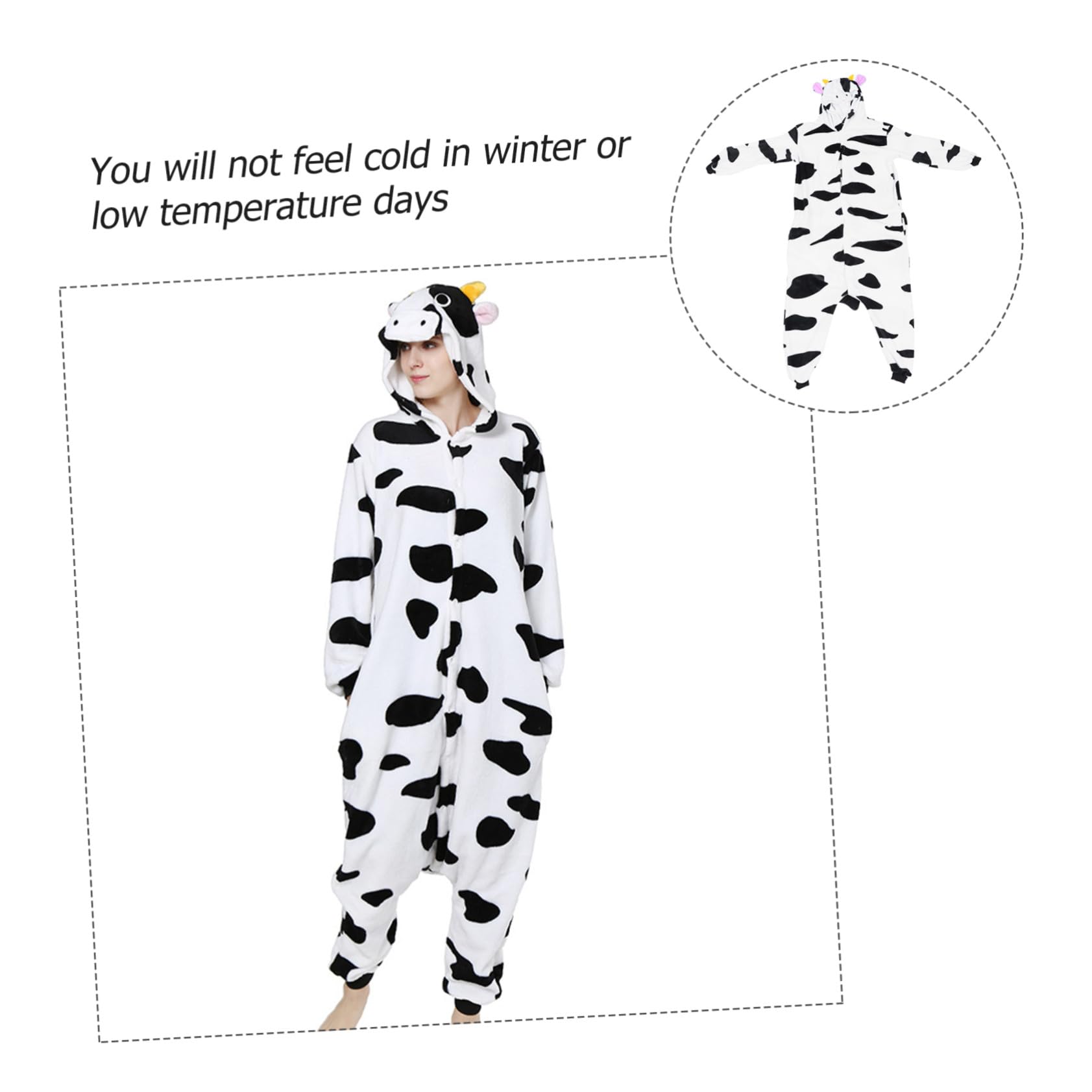Mikikit Pigiama Flanella Unisex Motivo Mucca Cartoni Animati, Tuta Calda Autunno Inverno per Cosplay e Relax Domestico