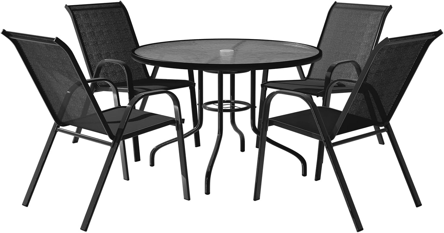 ALFORDSON 5 Pcs Black Outdoor Dining Set with 90 cm x 90 cm x 70 cm Round Patio Table and Chairs, Garden Patio Furniture Set, Indoor Bar Set for Garden, Lawn, Balcony and Swimming Pool Side