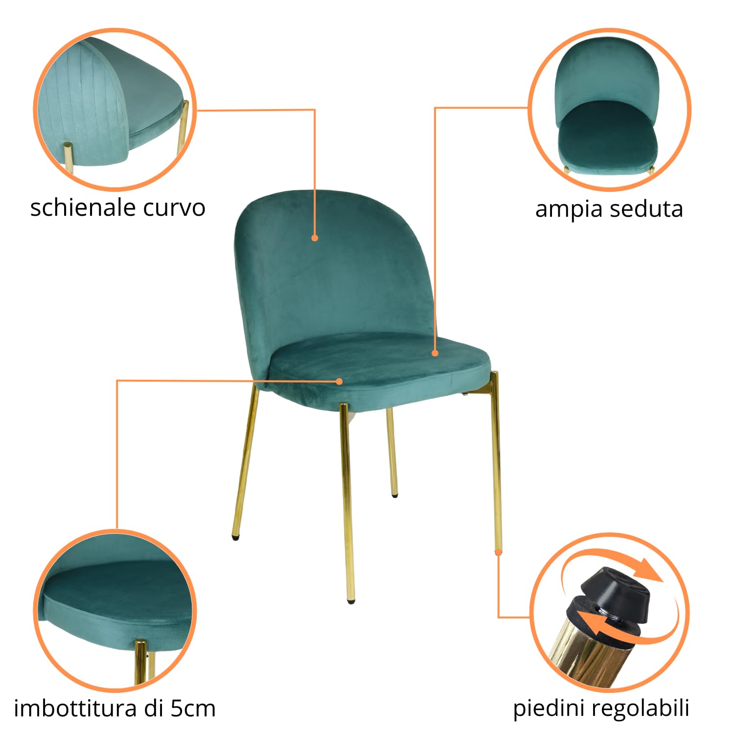 Marvin Sedia in Velluto con Gambe Oro Chiara, Sedie in Metallo Dorato, Poltroncina con Seduta Imbottita per Sala da Pranzo Salotto Soggiorno di Design Moderno (4, Verde Acqua/Oro)