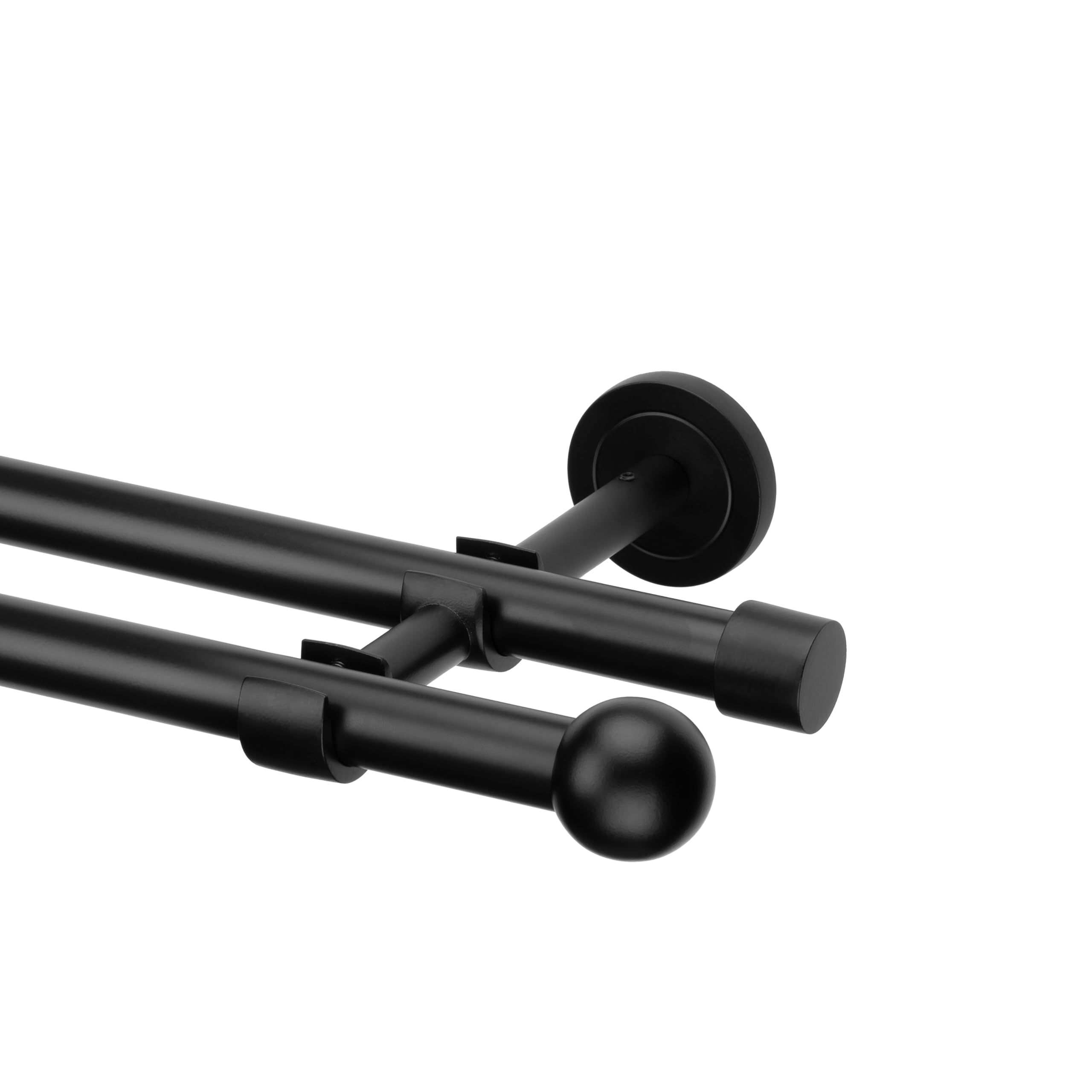 Ventanara® Gardinenstange schwarz matt 19mm 2-läufig mit Endstücken und Halterungen für Wandmontage (Kugel, 200 cm / 2-läufig/Wand)