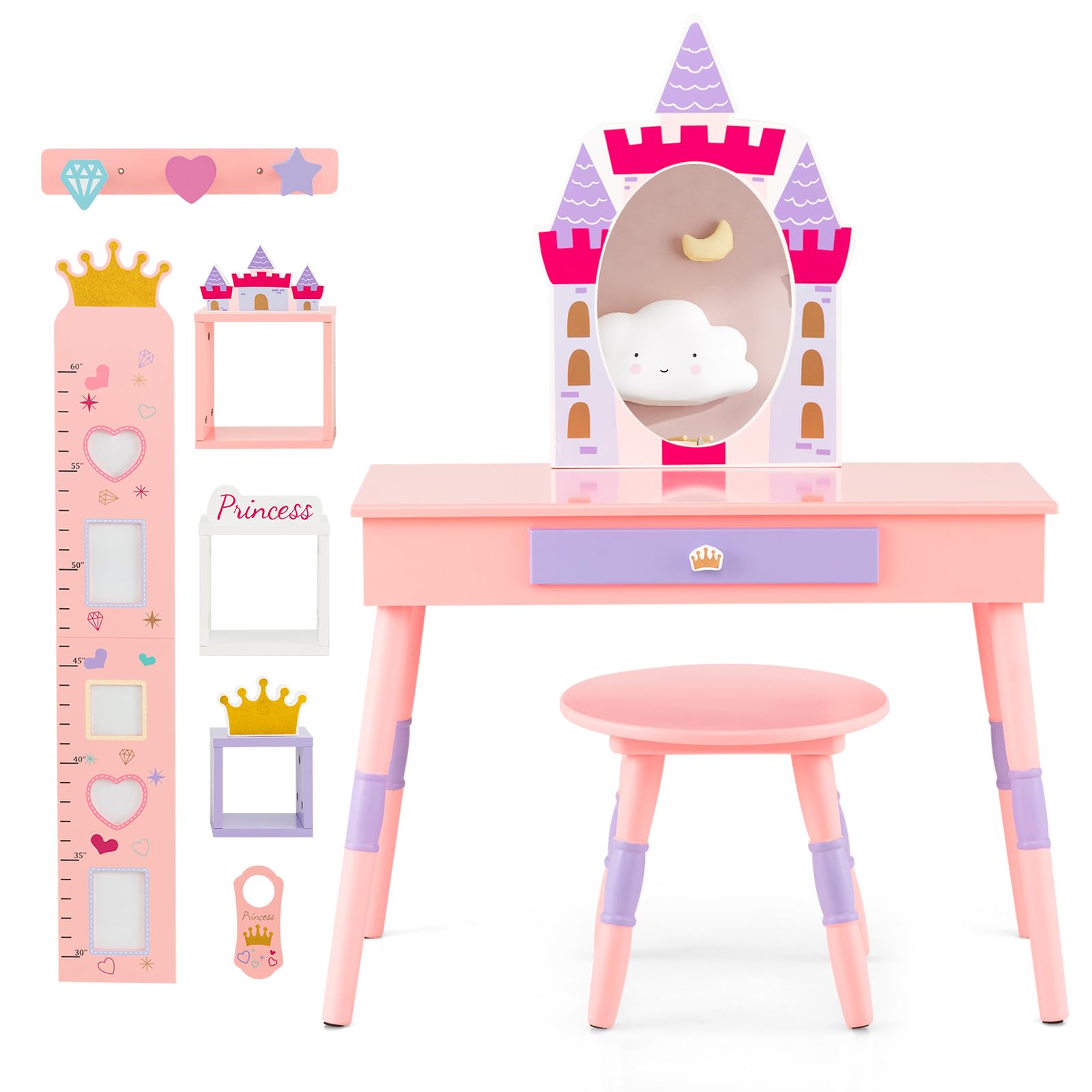GOPLUS Kinder Schminktisch mit Spiegel, Prinzessin Frisiertisch mit Wachstumstabelle, Türhänger, Kleiderhaken & Wandregal, Kosmetiktisch Holz mit Hocker, Mädchen