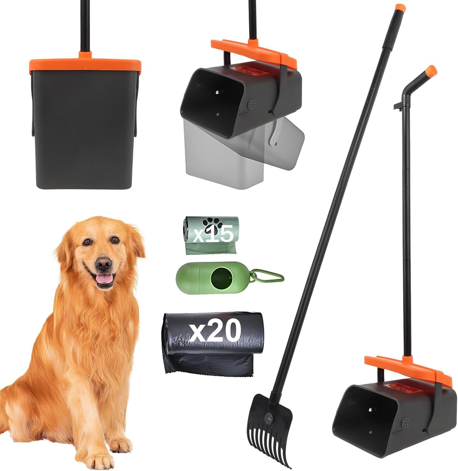 Recoge Cacas de Perros, Mango Largo Recogedor Caca Perros 117cm Recogedor de Cacas de Perros con Bolsas Caca Perro para Recoger Residuo de Animales para Caca de Perro Grande de Mascotas