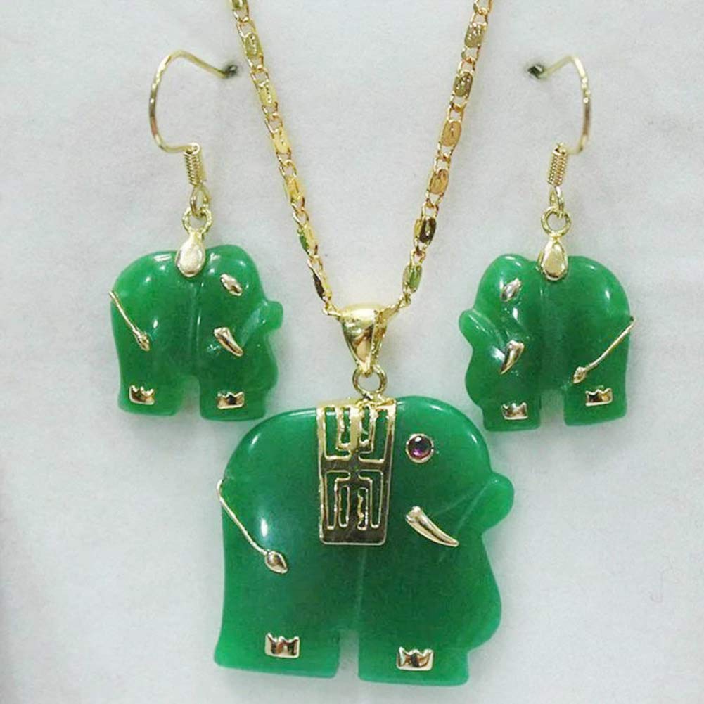 EASTCODE Pretty Natural 18KGP Green Jade Elephant Pendant Necklace Earring Set